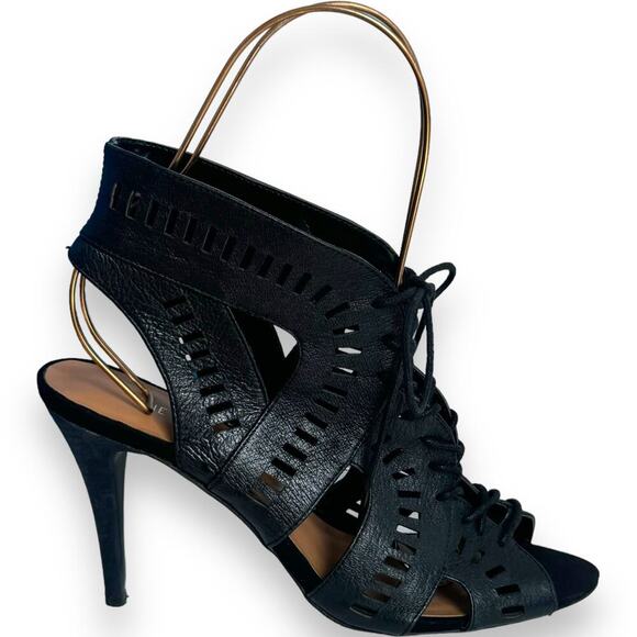 Nine West Black Leather Open Toe Lace Up Heels Ankle Bootie Women’s Size 8 - Picture 1 of 9